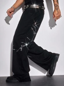 ROMWE MEN Street Life Men's Rhinestone Embellished Pocket Wide Leg Loose Casual Jeans, Grunge - Black - View 1