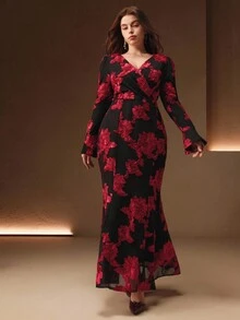 Anewsta 大码女式V领褶皱腰修身连衣裙，女士秋季连衣裙 - 玫瑰紅 - 查看 4