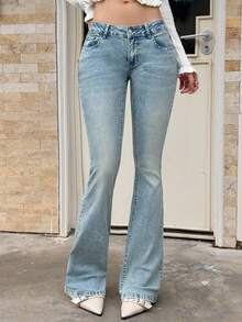 Rivivi Women's Casual Washed Low-Waist Flare Leg Jeans