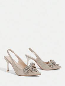 CUCCOO TILAWA 女士时尚尖头露背绑带闪光材质水钻蝴蝶性感晚会婚礼细高跟鞋 - 金色 - 查看 4