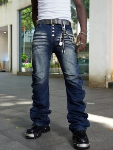 ROMWE MEN Street Life Men's Heavy-Weight Distressed Layered Washed Denim Jeans - Blue - View 8
