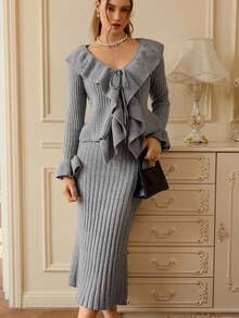 Aveloria Rosie Women's Autumn/Winter Ruffled Drawstring Knitted Cardigan And Knitted Pencil Skirt 2 Pieces Set, Elegant & Fitted