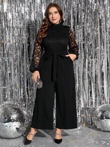 Gownix Plus Size Women's Elegant Party Lace Lantern Sleeve Tie-Waist Wide Leg Jumpsuit Plus Size Jumpsuits Elegant Black Lace Jumpsuit Long Sleeve Jumpsuits For Woman Plus Size Pants Suit Mesh Jumpsuit