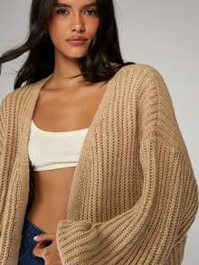 MISSGUIDED Oversized Chunky Knit Cardigan Fall Winter Long Sleeve Open Front Sweater Balloon Sleeve Cozy Casual Lounge Wear - Khaki - View 4