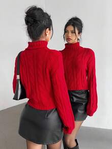 Elenzga Women's Elegant Turtleneck Christmas Red Twist Rib Knit Long Sleeve Sweater, Autumn/Winter - Red - View 2