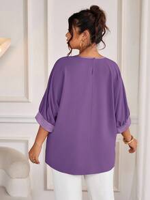 Cravure Plus Size Round Neck 3/4 Raglan Sleeve Purple Autumn Elegant Formal Metallic Fabric Patchwork Contrast Color Woven Cuff Casual Commute Party Shirt - Violet Purple - View 2