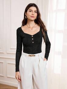 Miaspire Elegant Fitted Women's Top, Autumn/Winter Metallic Accent Elegant T-Shirt, Silky Fabric Versatile Black Knit Sweater, Elegant Base Layer - Black - View 4