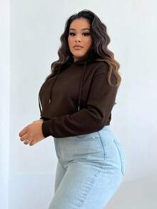 SHEIN SXY Plus Size Women Fluffy Coffee Brown Hooded Short Sweatshirt, Suitable For Graduation, Back To School, Graduation Ceremony, Women Teachers Outfit, Back To School Autumn Winter Clothes For Women