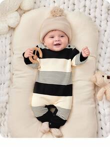 SHEIN 适合男婴和女婴的可爱针织条纹长袖婴儿连体衣，适合居家、外出和派对的休闲装，适合秋冬季