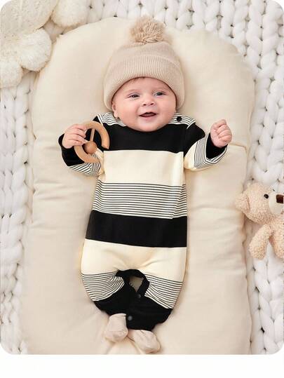 SHEIN Cute Knit Striped Long Sleeve Infant Jumpsuits For Baby Boys & Girls, Casual For Home, Outing And Party, Suitable For Autumn/Winter