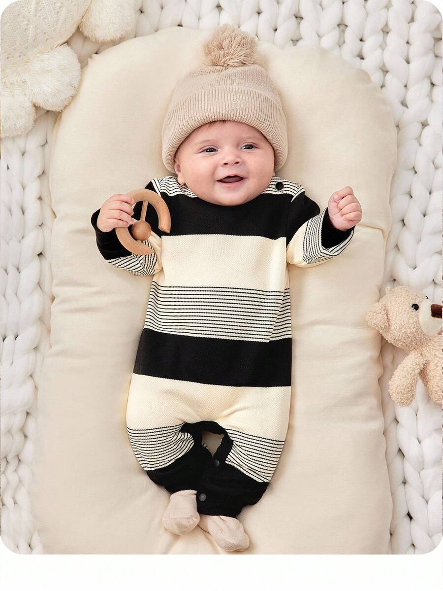 SHEIN 适合男婴和女婴的可爱针织条纹长袖婴儿连体衣，适合居家、外出和派对的休闲装，适合秋冬季