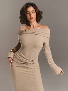 Aloruh Women's New Year's Look Autumn And Winter Khaki Apricot One-Shoulder Off-Shoulder Simple Fashion Street Pleated Waist Metal Decoration Slim Long Skirt, Versatile Long-Sleeved Knitted Dress, Autumn And Winter Base Dress Prom Dress,Vestidos Elegantes