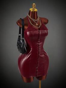 Y2K Amplova Women's Sexy Lace Patchwork Backless Halter Mini Dress, Summer Red - Burgundy - View 2