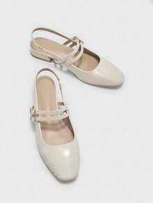 CUCCOO BIZCHIC 女士方头平底玛丽珍鞋，简约米色，露跟设计，适合通勤、约会、聚会、节假日和度假 - 米色 - 查看 9