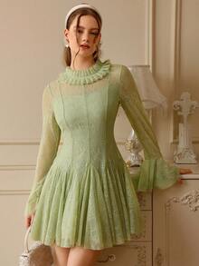 Aveloria Rosie Green Crochet Lace Ruffle Trim Pleated Bodice Flared Skirt Waist Cinched Party Dress, Elegant & Versatile Women Long Sleeve Dress