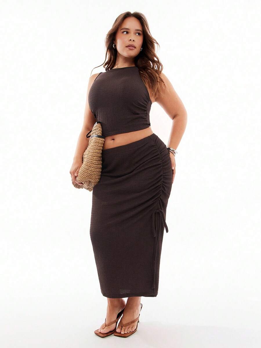 SHEIN EZwear Plus Size Women Summer Casual Solid Color Ruffle Slim Cropped Tank Top And Drawstring Ruffle High Slit Skirt 2 Pieces SetSummer Outfits For Women Brown Two Piece Set - Coffee Brown - View 1
