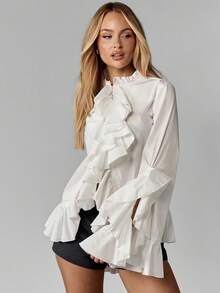 MISSGUIDED Áo blouse cotton phong cách Victoria bèo nhún tay chuông cổ cao thanh lịch, áo kiểu nổi bật, trang phục công sở chuyên nghiệp trang trọng, mặc đi làm, dự tiệc tối, mùa xuân - trắng - Xem 1