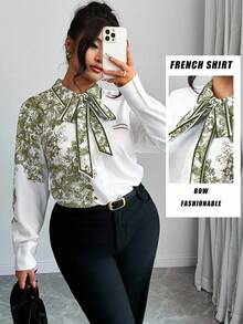 Elenzga Áo sơ mi công sở dài tay cổ bẻ in họa tiết ngẫu nhiên cỡ lớn thanh lịch - Nhiều màu - Xem 1