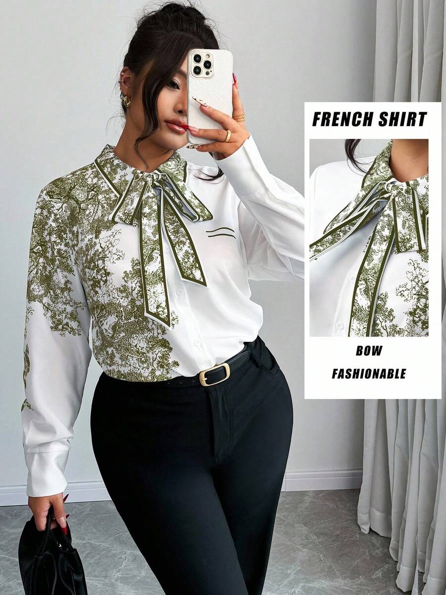 Elenzga Áo sơ mi công sở dài tay cổ bẻ in họa tiết ngẫu nhiên cỡ lớn thanh lịch - Nhiều màu - Xem 1