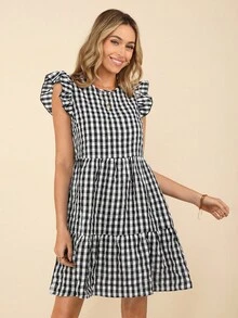 Coeurva Damernas sommarrutiga fritidsklänning med volanglocksärmar