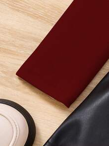 2pcs/Set Elegant Casual Ribbed Knit Crew Neck Long Sleeve Top + Simple PU Leather Elastic Waist Skirt With Belt For Teenage Girls, Autumn/Winter - Burgundy - View 6