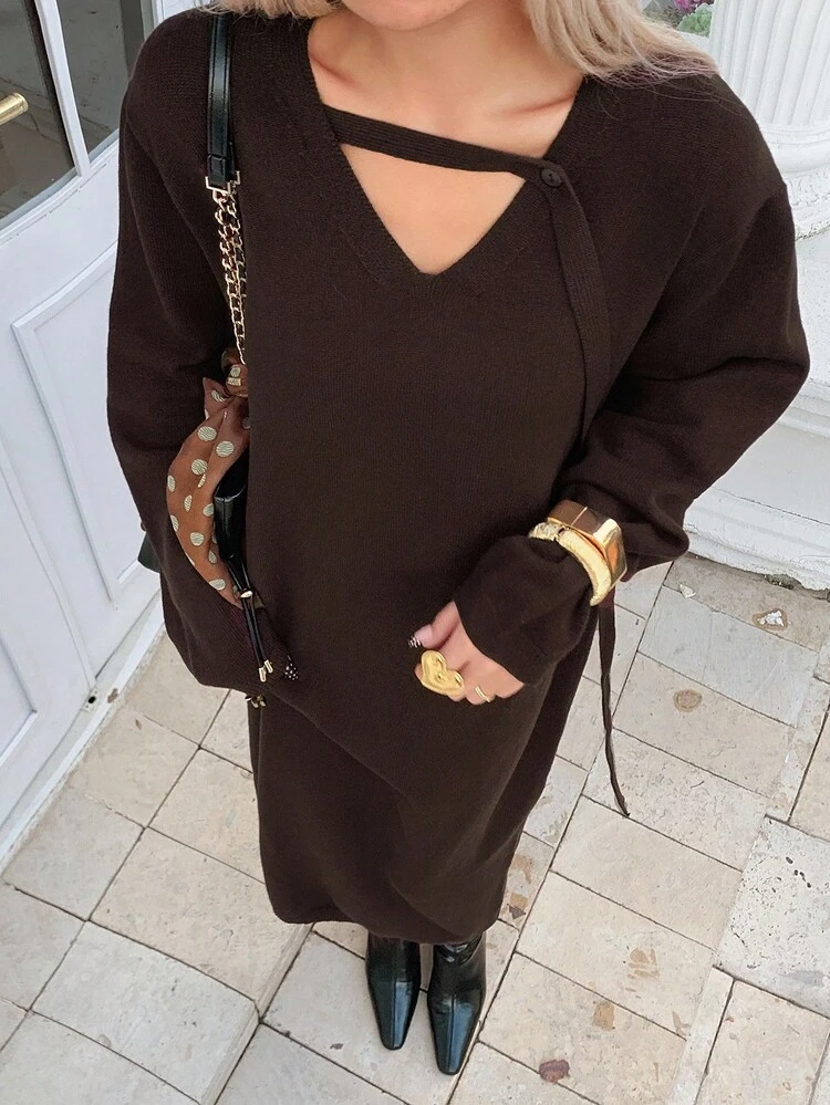 Women's Casual Solid Color Loose Knit Sweater Dress, Autumn