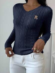 SHEIN EZwear 女士休闲小熊刺绣毛衣，秋冬季藏蓝色毛衣，带泰迪熊贴片，女士舒适秋冬服装 - 藏蓝色 - 查看 6