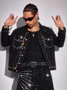 ROMWE MEN Street Life Rhinestone Embellished Casual Loose Personalized Long Sleeve Men Denim Tops, For Fall - Black - View 7