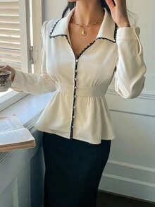 Serisse Elegant Black And White Contrast Trim Puff Sleeve Fitted Shirt For Women,Autumn Waist-Cinching Peplum Hem Blouse,Business Casual Tea Party Office Tops - Apricot - View 5