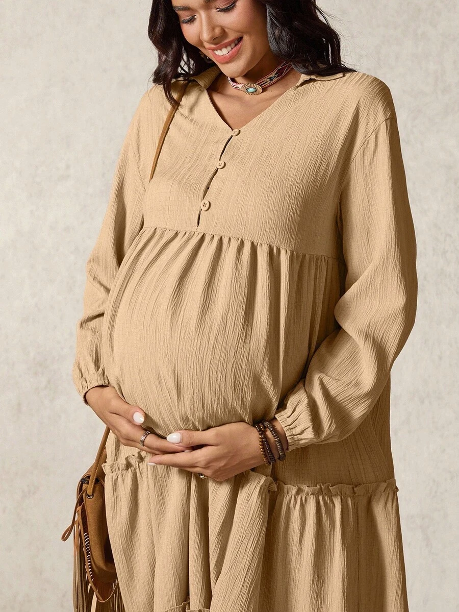 Boho Mama Maternity Solid Color Long Sleeve Button Design Frill Trim Casual Dress - Khaki - View 1
