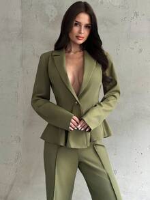 Firerie Women's Elegant Commuter Casual Daily Urban Chic Teacher Outfit, New Stylish Blazer Jacket With Waist Cinching And High-Waisted Pants, 2 Pieces Set In Military Green, Autumn/Winter