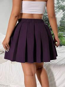 Flirla Plus Size Women Solid Color High Waist Pleated Hem A-Line Skirt - Purple - View 2