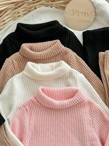 SHEIN 4 件 Babygirl 可爱休闲纯色针织高领长袖上衣（上衣和裤子单独出售） - 彩色 - 查看 5