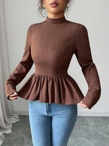 Elenzga Chemise à manches longues pour femmes, col Mao plissé, taille cintrée, ourlet évasé, lien dans le dos, en tissu plissé, couleur marron café, convient pour les sorties, les rendez-vous, les mariages et les fêtes