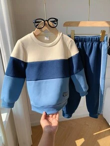 2pcs/Set Young Boy Blue Thick Thermal Lined Color Block Patchwork Crew Neck Long Sleeve Hoodie And Jogger Pants Tracksuit Set, Autumn/Winter Fall