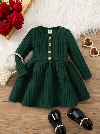 1 Piece 1SHEIN Cute Baby Girl Casual And Elegant Green Round Neck Dress With Grab Stripes Suitable For Birthday Parties, Evening Parties, Performances, Weddings, Baptisms, Opening Ceremonies Suitable For Daily Use Suitable For Travel Suitable For Autumn And Winter Seasons Jumper Dress Vintage Mini Skirt Corset Dress Christmas Party Clothes Bodycon Dress Green Fall