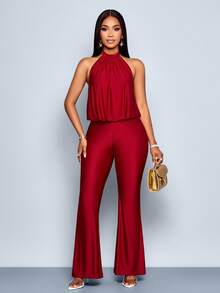 SOLERSUN Tuta elegante e alla moda da donna, di colore tinta unita, con collo alla halter e senza maniche - Bordò - Visualizzare 6