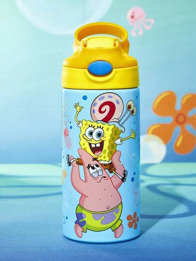 SpongeBob SquarePants | SHEIN 500 ml / 16 onzas Botella de acero inoxidable a prueba de fugas con tapa y pajita retráctil, apta para niños mayores de 3 años