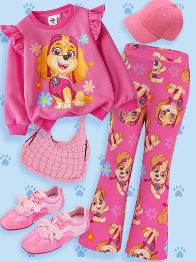 SHEIN | PAW Patrol Set de 2 piezas: Sudadera holgada de cuello redondo de manga corta con estampado de perrito lindo de dibujos animados en rosa y pantalones acampanados con estampado floral todo sobre, para niña, otoño/invierno