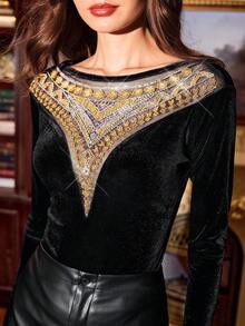 Vintamour Vintage Classic Élégant T-shirt de fête pour femme, T-shirt en velours noir ajusté pour l'automne/l'hiver avec encolure ornée de perles et de sequins personnalisés, T-shirt à manches longues - Noir - Voir 7