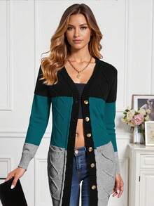 EMERY ROSE 拼色双口袋纽扣前开衫，长袖上衣