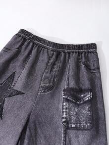 Sparklyn 3pcs/Set Teenage Girls Ombre Striped Flare Sleeve Cover Up, Solid Color Camisole, And Distressed Star Print Wide Leg Jeans Pants, Retro Chic Street Style