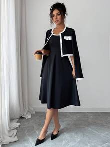 Rafferiza 2件套女士法式拼布长袖连衣裙 - 黑色 - 查看 6