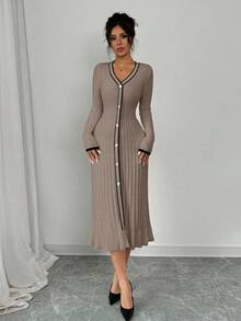 Selianne Elegant Commuter Color Block Trim Fitted Knit Dress - Mocha Brown - View 6
