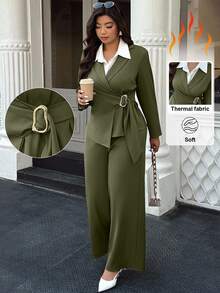 Easura 大码简约商务西装外套和裤子套装 - 軍綠色 - 查看 1