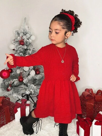 SHEIN Girls Casual Fitted Crew Neck Long Sleeve Pullover Sweater Dress, Red, Suitable For Christmas, New Year, Comfortable & Soft Autumn Winter ClotheGirl Women