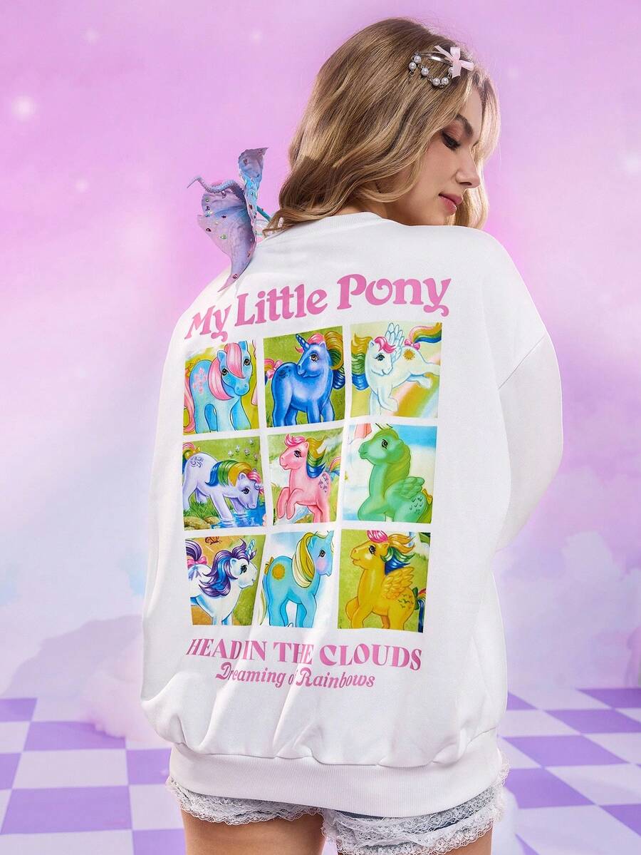 My Little Pony X SHEIN 字母与卡通图案圆领长袖套头衫 - 白色 - 查看 1