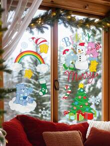 SHEIN X Care Bears Pegatinas decorativas para ventanas con temas de dibujos animados y navidad, pegatinas de vidrio electrostáticas e invisibles para decoración