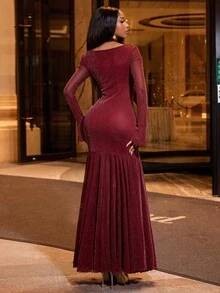 Lureya 女士时尚露肩荷叶边领口闪亮弹力网眼优雅派对紧身连衣裙，长喇叭袖，适合所有季节 - 酒紅色 - 查看 2