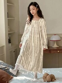DAZY 女童碎花方领长袖睡袍家居服 - 米色 - 查看 6